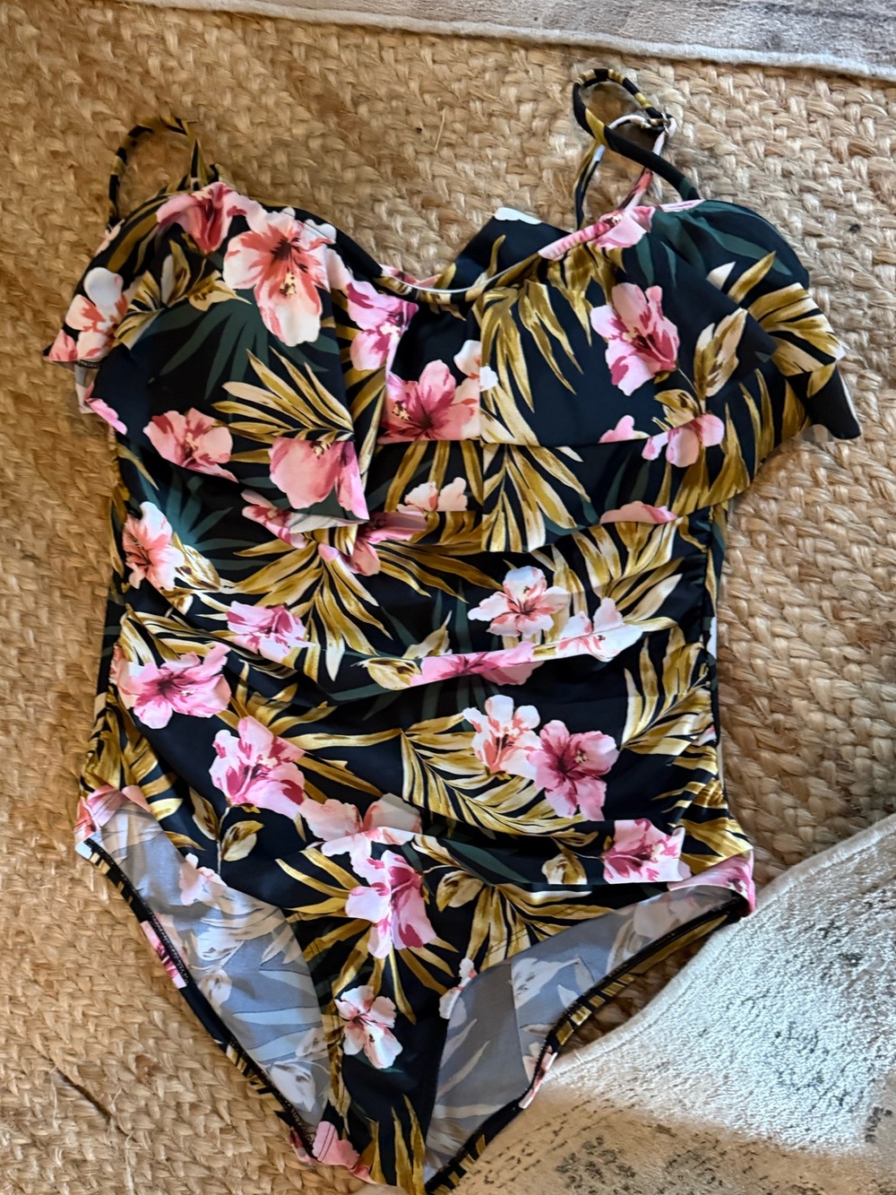 Kona Sol Black Floral One-Piece Swimsuit with Pink Flowers and Palm Leaves